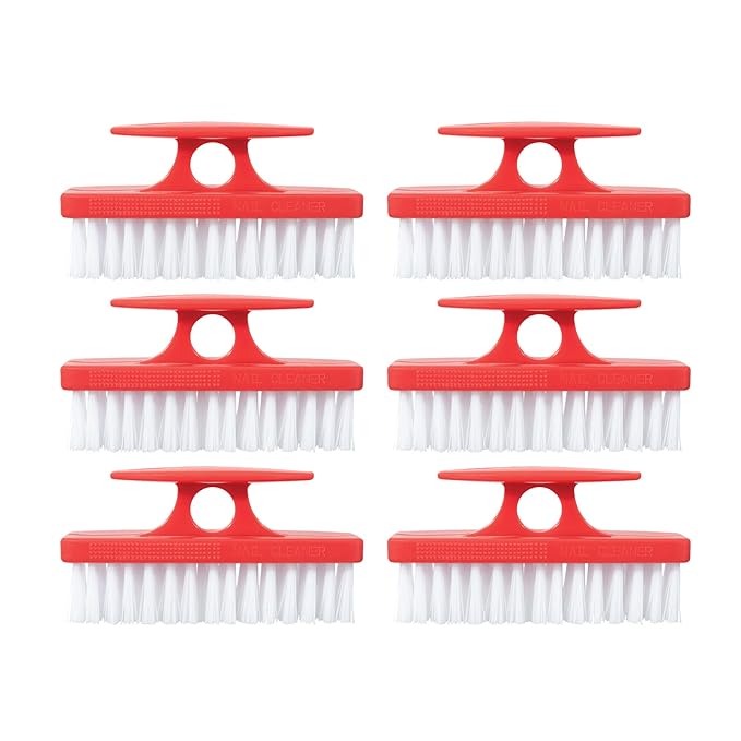 Superio Nail Brush Set (6 Pack) Cleaner with Handle, Durable Brush Scrubber to Clean Toes, Fingernails, Hand Scrubber All Surface Cleaning, Heavy Duty Scrub Brush Stiff Bristles, Easy to Hold. (Red)