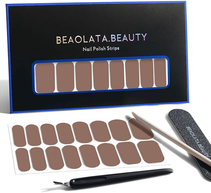 Nail Polish Strips, 32PCS Salon Quality Wraps, Long Lasting Gel Nail Stickers for Women Easy Apply& Remove (Taupe Brown)
