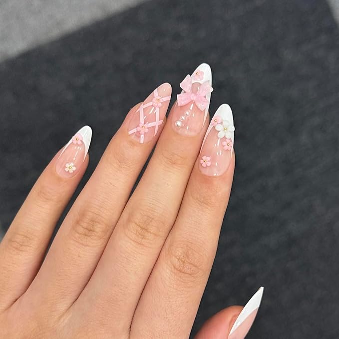 Pink White French Bow Press on Nails, White Pearl Fake Nails, Almond Short Acrylic Press-Ons with Charming 3D Plaid Floral Design, Reusable Glue-On Stickers for Fall Flower Nails for Women