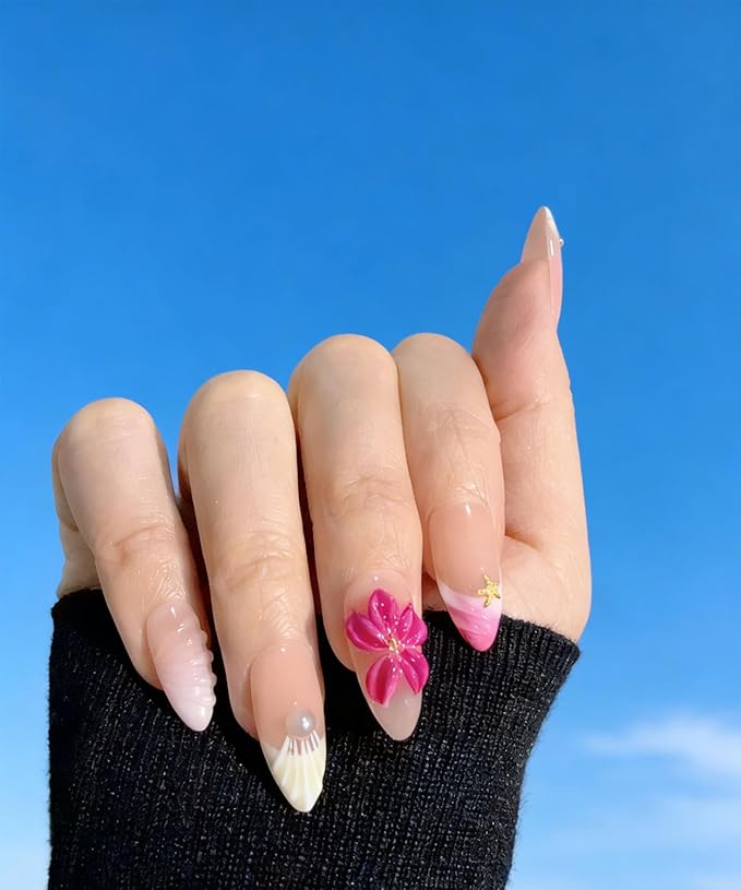 10 Medium Almond 3D Floral Handmade Press On Nails, Vintage Red with seashells and Shiny Rhinestones, Pearls & Cat Eye, Removable and Reusable,All Seasons(A013, M)