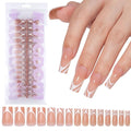 120 Pcs Medium Press on Nails Square French Tip Fake Nails with Stripe Design Full Cover Matte Stick on False Nails for Women 15 Sizes