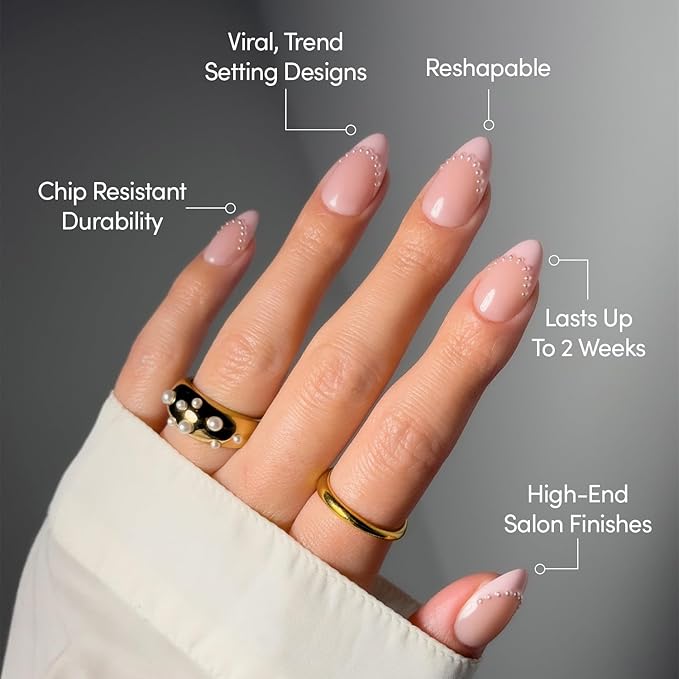 Valentines Day Glamnetic Press On Nails - Pink Me Up | Short Almond Fake Nails in Pastel Pink French Tips with 3D Pearls in a Glossy Finish, Salon Quality Nails | 15 Sizes - 30 Nail Kit with Glue