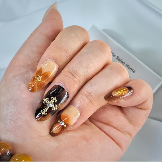 Tortoiseshell Press On Nails Long Coffin Brown Nude Glitter Rhinestone Design Fake Nails with Adhesive Tabs & Glue for Women Party Daily Wear (30pcs)