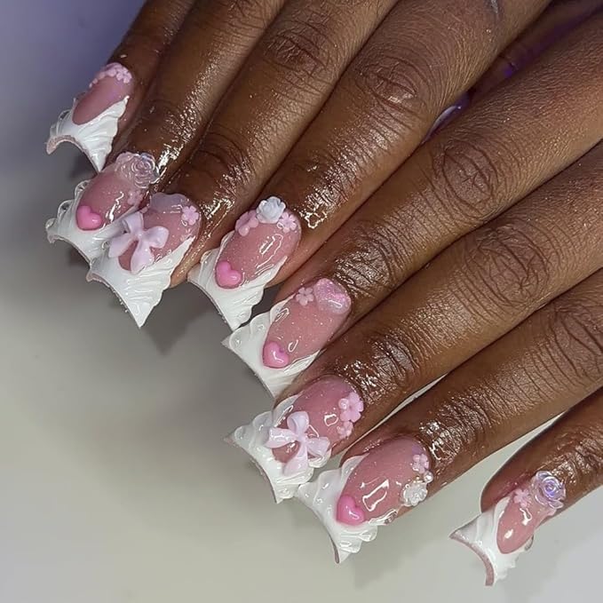 French Tip Press on Nails Handmade Short Duck 3D Floral Thick Acrylic Nails Cute False Nails with Bow Rose Flower Designs White Glossy Fake Nail Sturdy Art Press on Nail 10Pcs(M)
