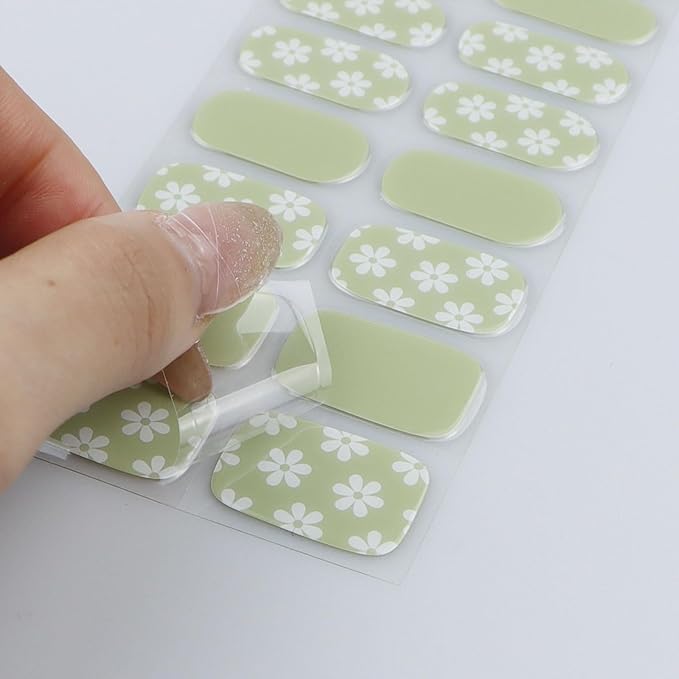 JMEOWIO Gel Nail Stickers White Flower Light Green Semi Cured Gel Nail Strips Wraps UV/LED Nails Art Design Decoration Accessories