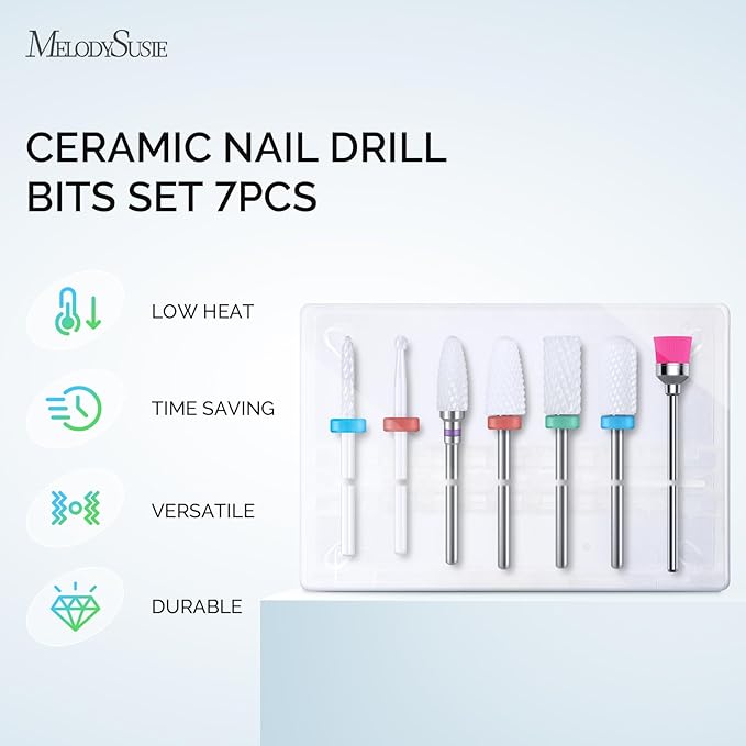 MelodySusie Ceramic Nail Drill Bits Set, 3/32'' (2.35mm) Professional Acrylic Nail File Drill Bit for Manicure Pedicure Cuticle Gel Nail Polishing 7Pcs