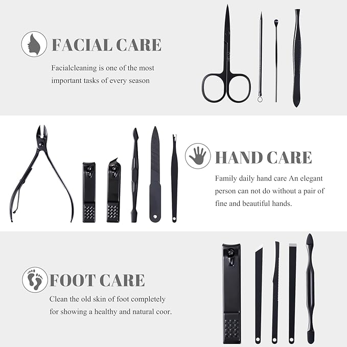 Nail Clippers Sets High Precisio Stainless Steel Nail Cutter Pedicure Kit Nail File Sharp Nail Scissors and Clipper Manicure Kit Fingernails & Toenails with Portable Stylish case (Black)