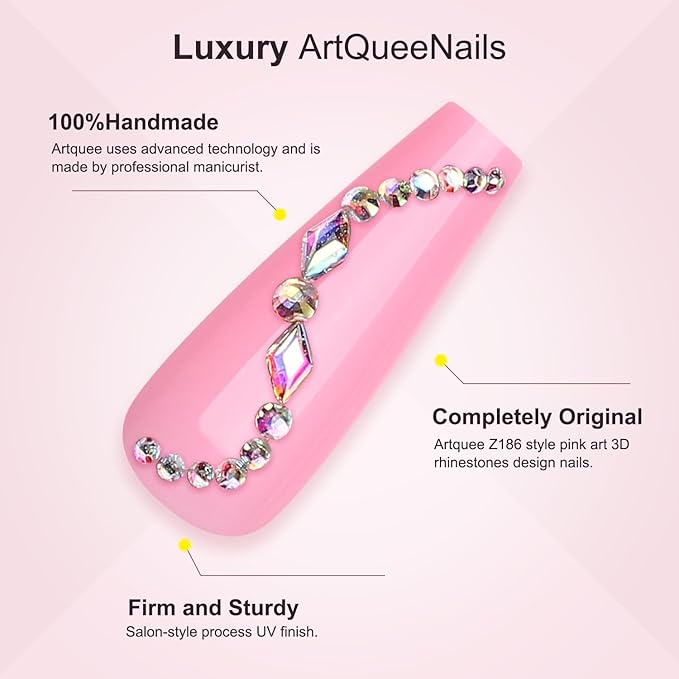 Artquee 24Pcs Pink Coffin Press on Nails Long Fake Nails with Rhinestones Design Reusable False Nail Art Manicure Stick on Nails Kit for Women
