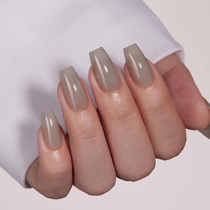 VSALON Coffin Short Press On Nails, Smokey Grey Light Curable Sheer Jelly Finish False Nails, Reusable Gel Glue on Nails Kit with Glue - 32 pcs in 16 Sizes