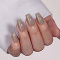 VSALON Coffin Short Press On Nails, Smokey Grey Light Curable Sheer Jelly Finish False Nails, Reusable Gel Glue on Nails Kit with Glue - 32 pcs in 16 Sizes