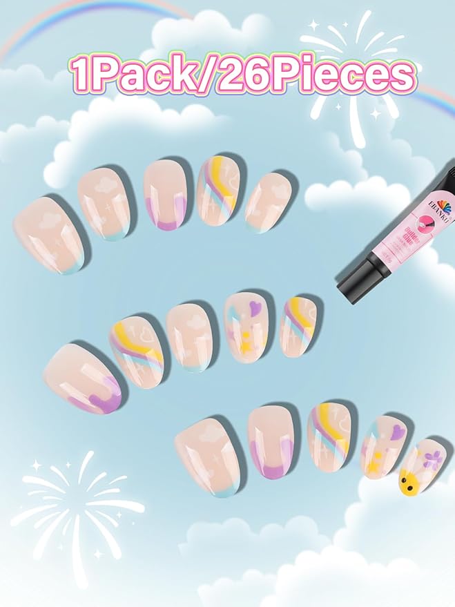 26 Pieces Press on Nail Kid, EBANKU Cloud Fake Nails for Kids Mini Glue on Nail Almond False Nail for Girls 6-12 Years