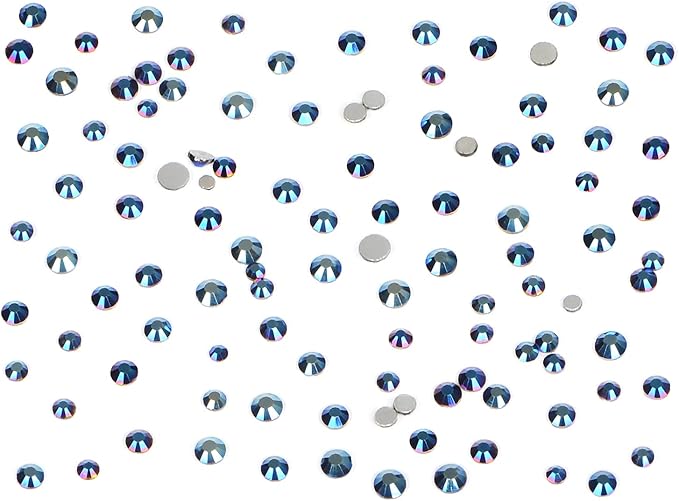 Bymitel 7200 Pieces 6 Mixed Sizes Glue Fix on Glass Rhinestones Round Crystal Gems Flatback for DIY Jewelry Making with one Picking Pen (6-Sizes 7200PCS, Mine Blue)