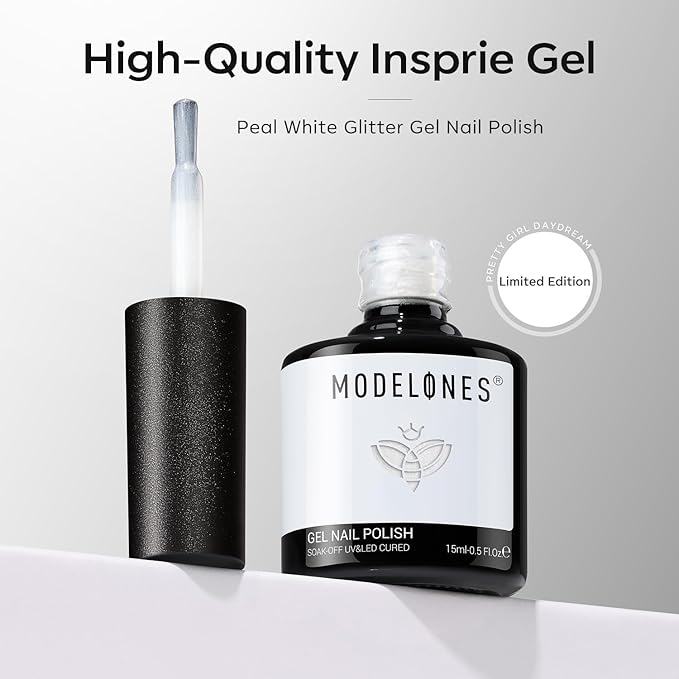 modelones Shine White Gel Nail Polish, 15ML Glitter Pearl White Gel Polish Iridescent Shimmer Nail Gel Polish Soak Off Led Whiter Nail Polish DIY Home Salon Nail Art Manicure Gift for Women Girls