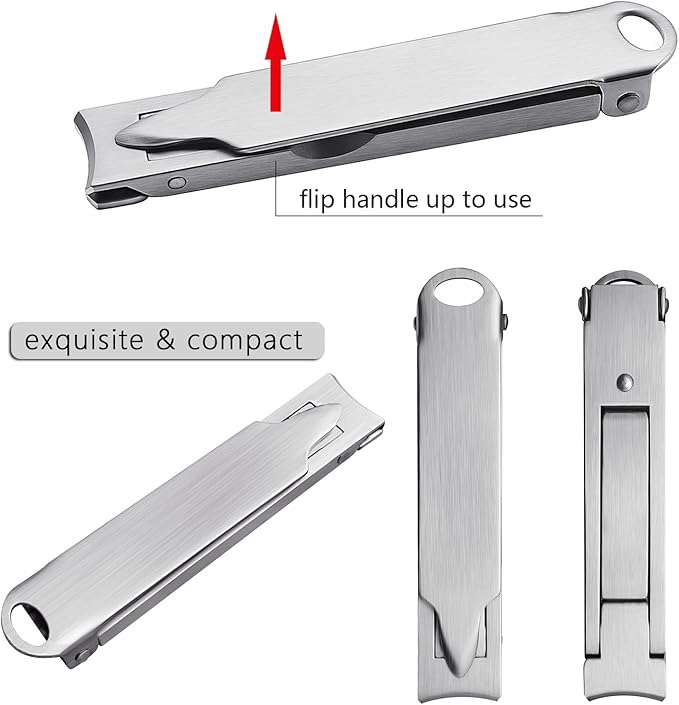 Ultra Thin Portable Fingernail Clipper Small Pocket Folding Nail Clippers, Wide Jaw Cutter with Keychain Curved Trimmer, Flip Open Brushed Finish (Small-Brushed)