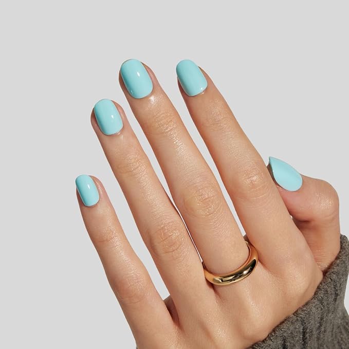 LAMIMOSA 32Pcs Mint Blue Press On Nails Extra Short Round, Baby Blue Fake Nails with Glue, Soft Gel Nails in 16 Sizes, Reusable Glue On Nails Kit, MINTY AQUA