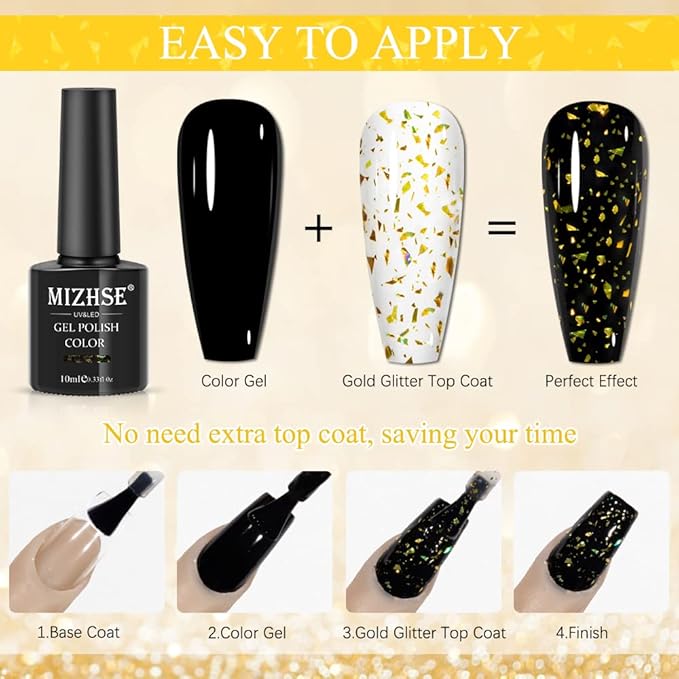 MIZHSE Gold Glitter Gel Nail Polish, Glitter Sequins Gel Polish Sparkle Shiny Christmas Soak Off U V LED Gels Polish for Nail Salon & Home DIY Manicure 10ml