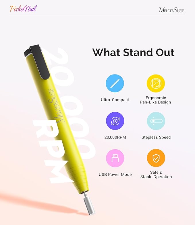 MelodySusie PocketNail Slim Ergonomic Pen-Shaped USB Nail Drill, PC100G 20000RPM Portable Electric File for All Manicure, Pedicure Nail Care, Shaping & Gel Removal at Home for Beginners