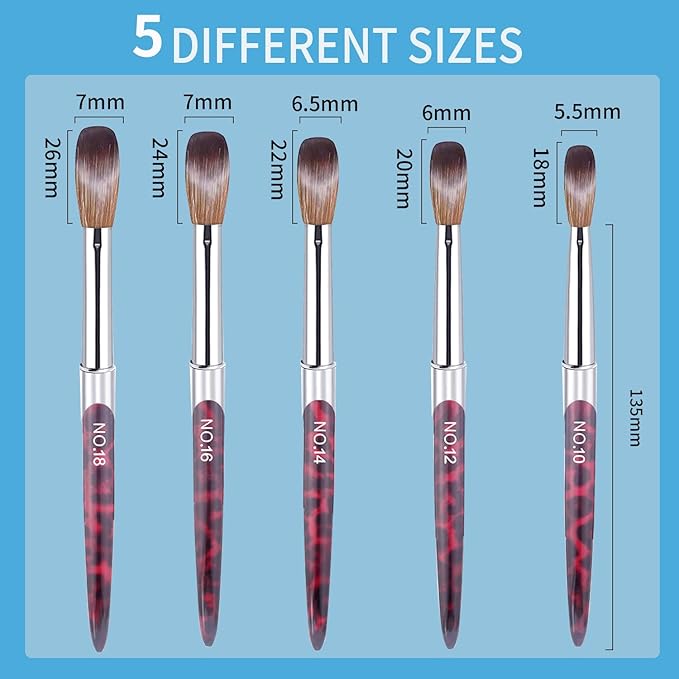 5PCS Professional Acrylic Nail Brush Set - Size 10/12/14/16/18 Brushes for Acrylic Powder Application, 3D Carving & Nail Art Extension, Leopard Print Handle Nail Tools for Salon Manicure
