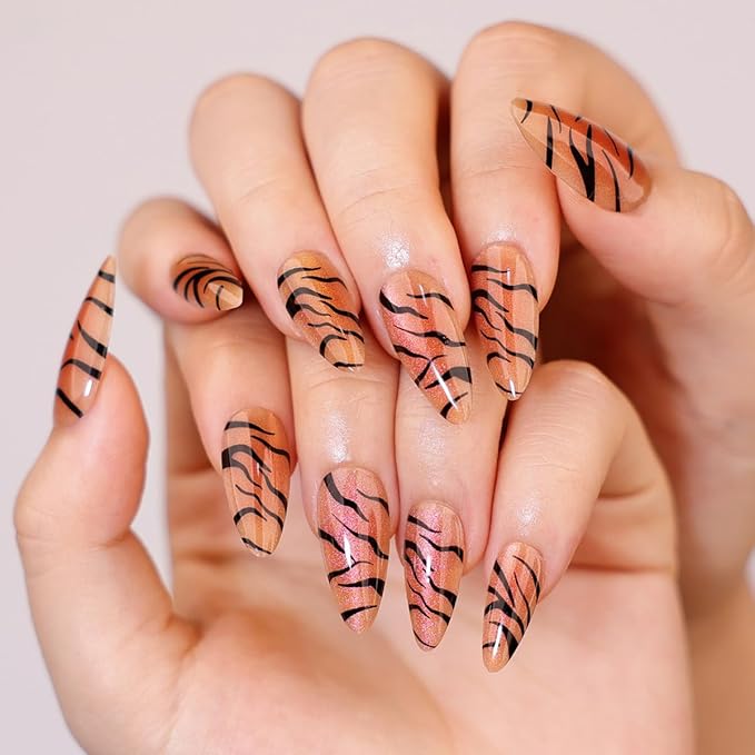 Tiger Print Press on Nails Medium Almond Fake Nails Cat Eye Nails Press ons with Design Full Cover Stick on Nails for Women Manicure,Reusable | Nail Sticky Tabs | Easy Apply | 24Pcs