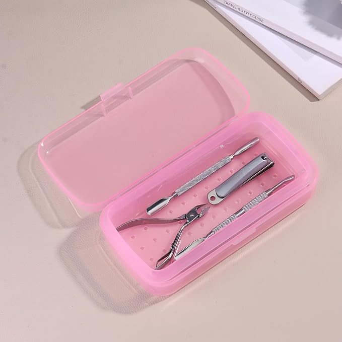 Nail Tool Sterilizer Box Plastic Sterilization Tray for Nail Art Accessories Tools, Disinfectant Container Soaking Box with Strainer Pedicure Manicure Cleaning Equipment, Pink