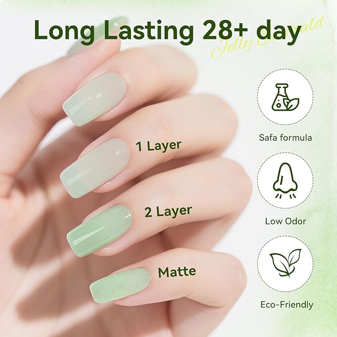 JODSONE Jelly Gel Nail Polish Set of 6 Colors,Semi-Transparent Green Gel for DIY Nail Art, UV/LED Cured, Long-Lasting & High-Shine Manicure at Home or Salon, Gift for Women