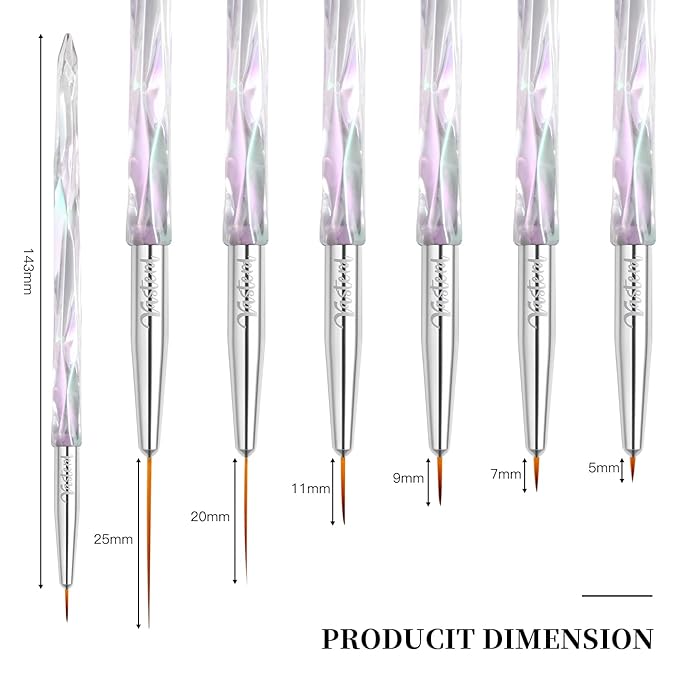 Yasterd Nail Art Liner Brushes, UV Nail Gel Polish Painting Nail Art Design Brush Pen Set for Long Lines, Short Strokes, Details, Blending, Elongated Lines Sizes 5/7/9/11/20/25mm Crystal Handle 6Pcs