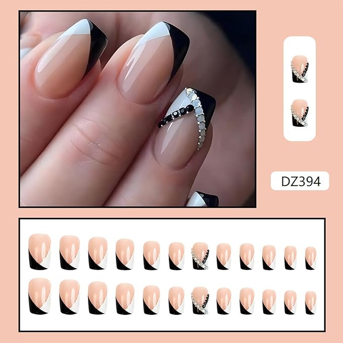 French Tip Press on Nails Medium Square Fake Nails Black White Tip False Nails with Designs Rhinestone Stick on Nail Full Cover Glossy Acrylic Artificial Nail for Women Manicure 24Pcs