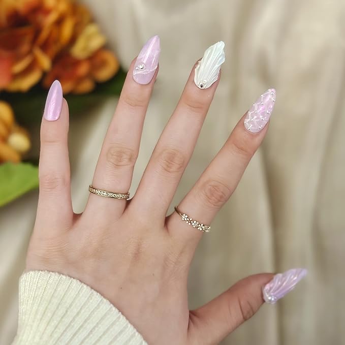 Sun&Beam Nails Handmade Press On Nail Medium Long Almond Oval Purple White Pearl Shell Fake Tip 3D Design Art Charms Cute with Storage Box 10 Pcs (Purple-M)