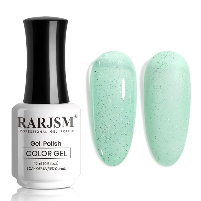 RARJSM Rainbow Glitter Gel Nail Polish Clear Pastel Green Chunky Sparkle Shimmer Jelly Iridescent Transparent Light Green Gel Polish Single Bottle Soak off UV LED Cured for Home Salon Manicure 15ML