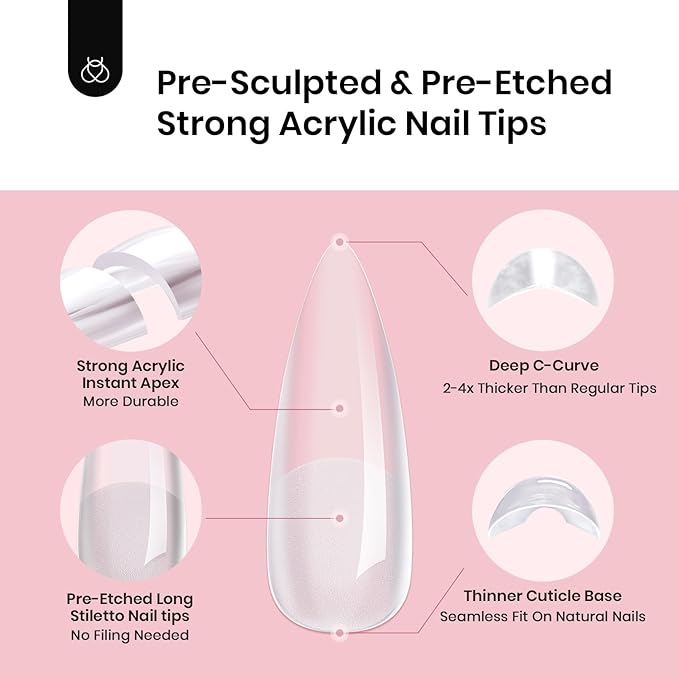 Beetles Tipex Instant Apex Nail Tips, Stiletto Long, 16 Sizes (00–14), 192pcs, Built-In Apex, No Builder Gel Required, Thicker Strong Acrylic Tips for DIY Nail Extensions