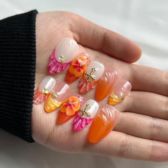 Press On Nails Medium Almond Nails, Handmade 3D Design Fake Nails with Thick Acrylic Multi-Layer Gel Nails, Reusable Durable DIY Artificial Nails for Women (10 Pieces)