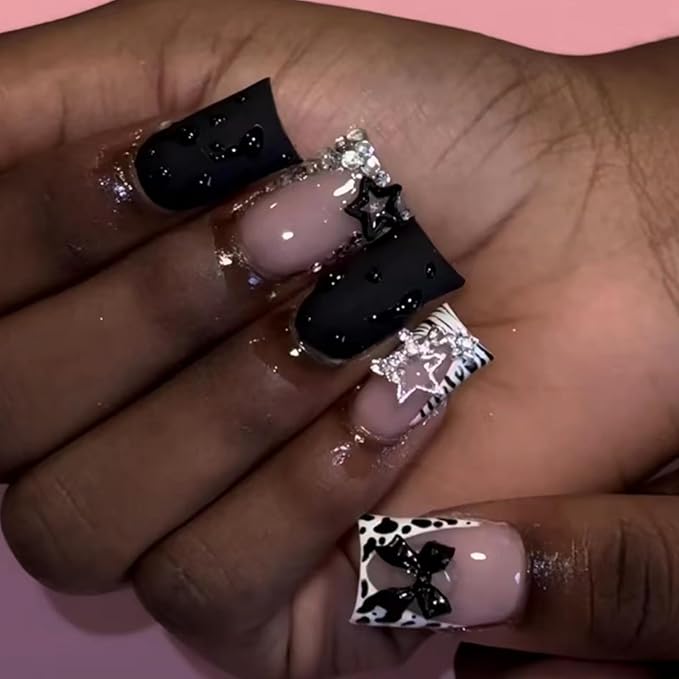 Black Nails Press ons Duck Fake Nails White French Tip False Nail with Star Design Glossy Full Cover Glue on Nail Reusable Artificial Acrylic Bow Stick on Nail for Women Manicure 24Pcs