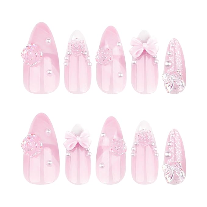 Press on Almond Nails - Medium Fake Nails with Bow Flower Charms Design - White French Tip False Nails for Women 24 Pcs