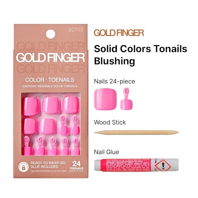 GoldFinger Press On Toenails Kit, High Pigment Pink Color Fake Toenail, Ready to Wear Gel & Manicure Stick, 2g Glue included, Long-Lasting Convenient & Easy to Apply