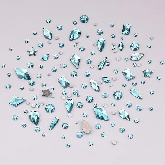 820pcs Flatback Crystals Aquamarine Glass Rhinestones for Nail Art Decoration DIY Crafts Non-hot Fix Mix Size Round Gem Beads Bulk Set Pack