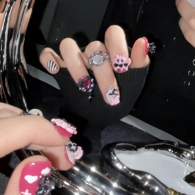 Halloween Press on Nails Short Square Cute Handmade Nails 3D Unique Reusable ABS Material Fake Nails Pink False Nails with Designs Cute Ghost Heart Charms Glossy Glue on Nail Thick Acrylic Nail(S)