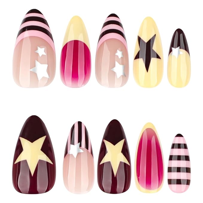 Short Almond Press on Nails - Cute Star False Nails Striped Fake Nails Press ons with Y2K Style Design, Full Cover Glue on Nails for Women Manicure 24Pcs