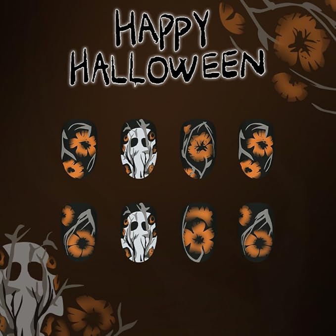 2 Packs 48Pcs Halloween Press on Nails Short Almond Fake Nails Cute Ghost Acrylic Nails with Horror Yellow Flowers Designs Oval Glue on Nails for Women Manicure Decoration