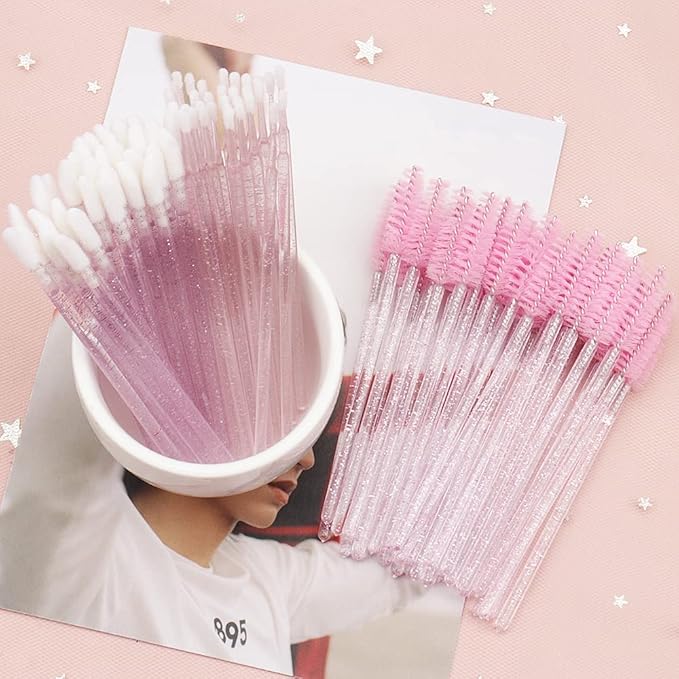 300 PCS Eyelash Extension Supplies Kit,Disposable Lash Spoolies Brushes Micro Swab Brushes Mascara Wand Lip Brushes for Eyelash Extension Tattoo Lipstick Applicator (Pink)