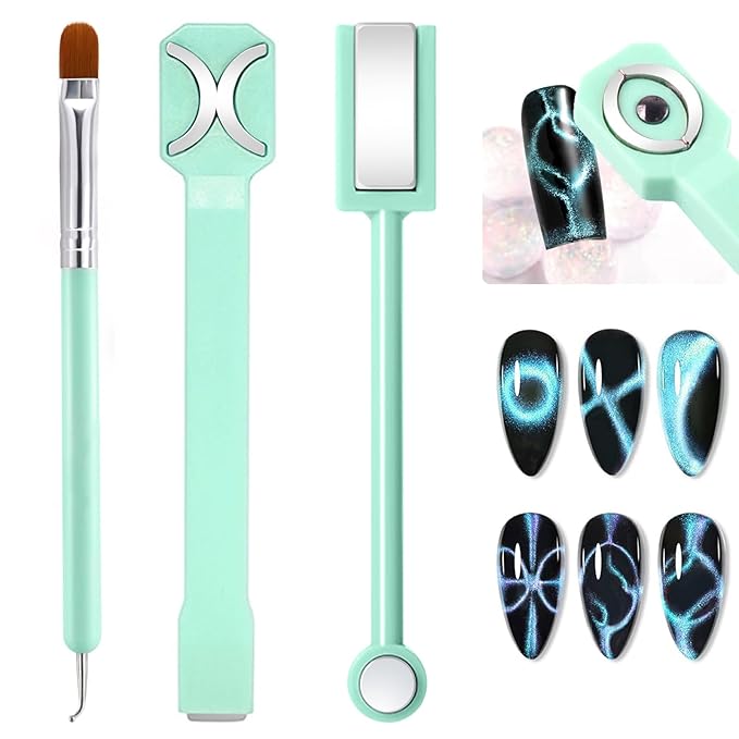 3-in-1 Cat Eye Magnet & French Tip Brush Set, Upgraded Nail Art Tool Kit for Magnetic Gel Polish, with Nail Clean Up Brush for Salon & Home Use (NAT266-Green)