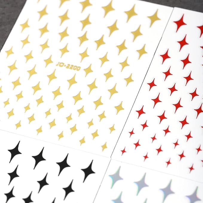 12 Colors Stars Nail Art Stickers, 3D Stars Self-Adhesive Sticker Design, Laser Gold Silver Red Black White Pink Yellow Green Four-Pointed Star Nail Transfer Decals for Women Manicure Decorations