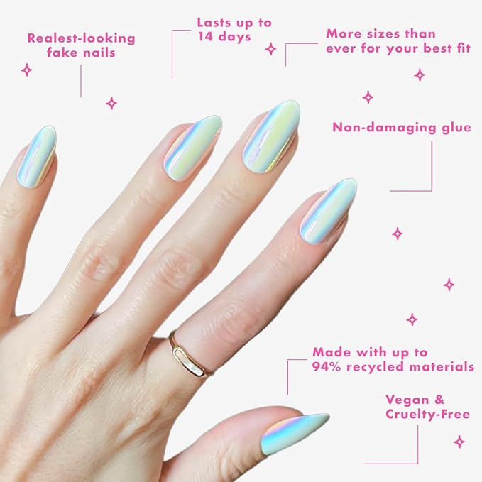 Olive & June Maximalist Instant Mani Press-On Nails (Glue) | 42 Fake Nails, 21 Sizes | Non-Toxic, Long-Lasting Big, Bold Gorgeous Realistic Look | Salon-Quality | Long, Almond | Iridescent Chrome