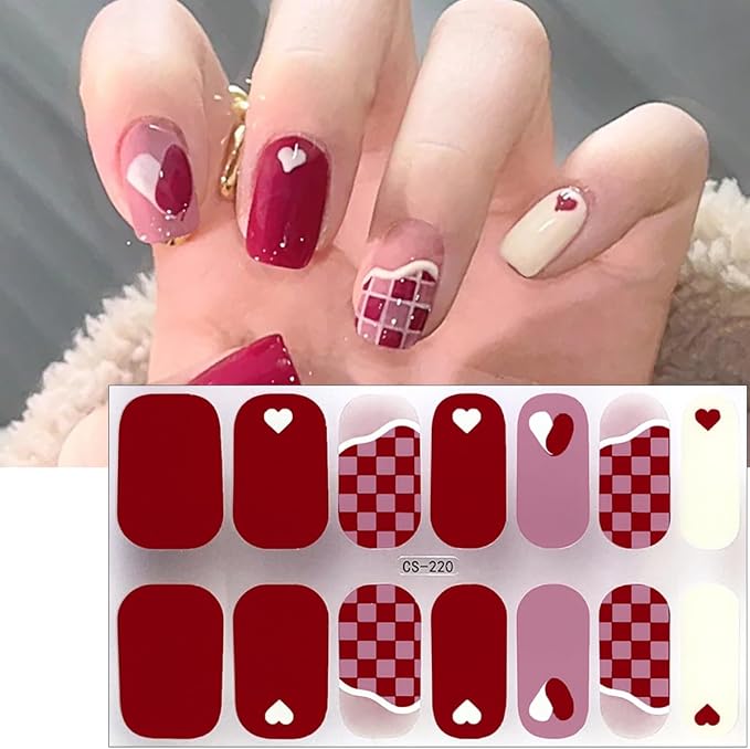 Valentines Nail Polish Stickers Self Adhesive French Tip Nail Stickers Black White Pink Heart Gel Nail Stickers Romantic Valentines Day Gel Nail Strips Cute Bow Full Nail Wraps Stickers for Women 4Pcs