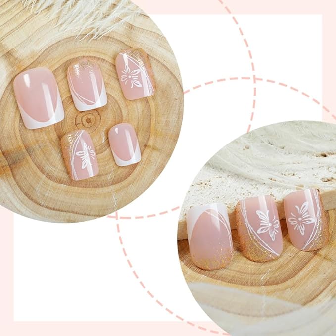 Press on Nails Square Short Spring Fake Nails Press ons White French Nail Tips Artificial Acrylic Kit Full Cover False Nails with Butterfly Glitter Design Stick on Nails for Women 24Pcs