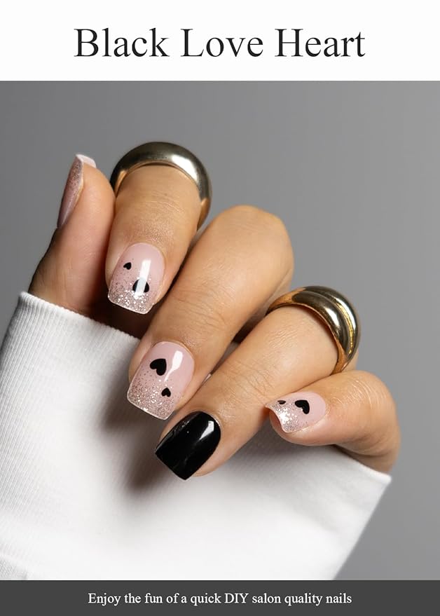 Semi Cured Gel Nail Strips (Black Love Heart), 20 Pcs Gel Nail Wraps, Stickers, UV Light Required, Salon Quality, Long Lasting, Valentines Day Gift
