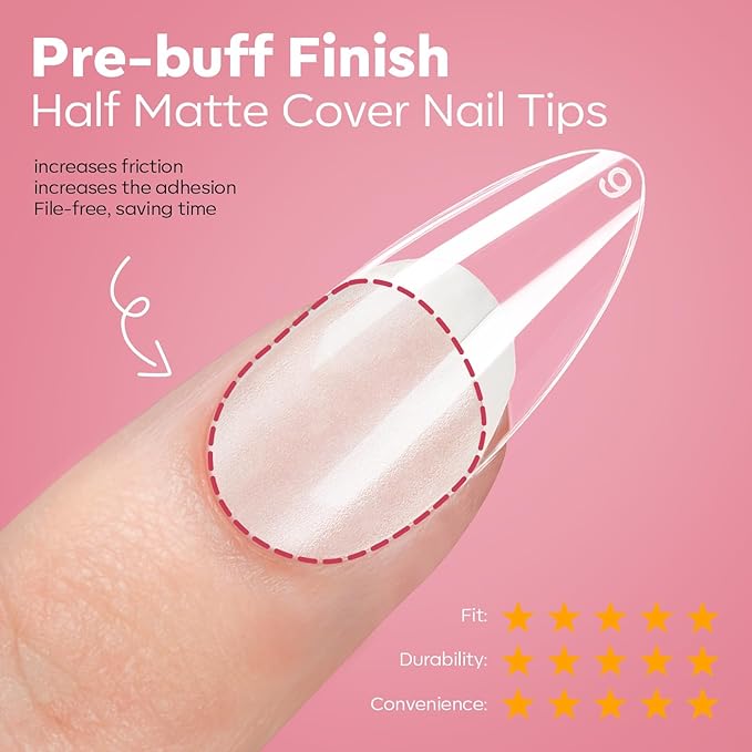 modelones X Nail Gel Kit Almond, 510Pcs Nail Tips Solid Glue Prep Dehydrator & Mini U V LED Light Clipper, Upgrade 15Sizes Medium Almond Press on Tips Etch Half Matte for Easy Extension DIY Women Gift