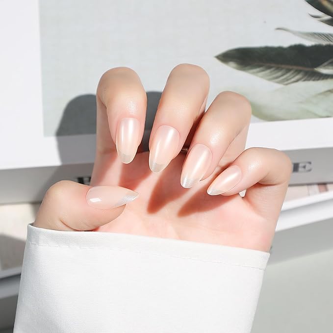 Luxbon Almond Press On Nails with No-Cure Nail Glue and Tool Kit – French Manicure Glue On Nails 30-32pcs Full Size Set, Reusable Fake Nails for Women, Fit Perfectly, Pearlescent Pink