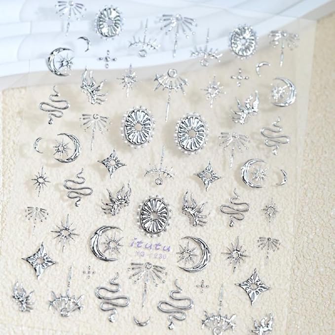 Silver Nail Stickers Star Moon Nail Supplies 5D Embossed Totem Nails Designs 3D Self-Adhesive Snake Nail Decals Sun Flame Nail Art Decoration for Women Girls DIY Manicure 1 Sheet