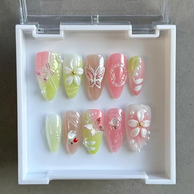 Small Size MAGLFELL Press On Nails - 3D Almond Handmade Unique Fake Nails, Artistic Design, Thick Acrylic and Muti-Layer Gel False Nails (Size S)