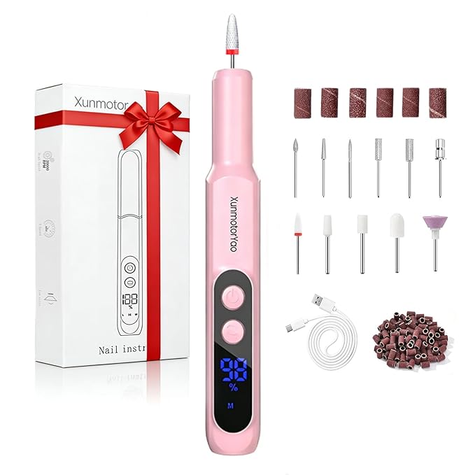 Rechargeable Electric Nail Drill Machine, Cordless Professional Nail File with LED Display for Acrylic Gel Dip Powder Nails, Efile Polishing Tools with Nail Drill Bits for Manicure and Pedicure (Pink)